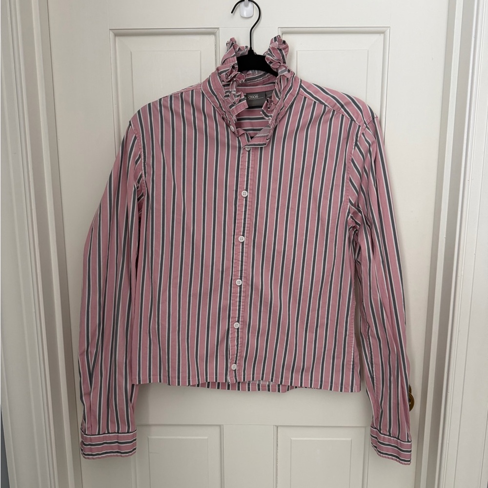 ASOS Pink and White Striped Ruffle Neck Dress Shirt